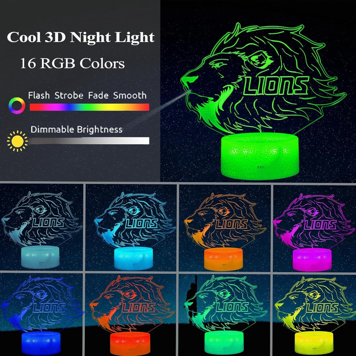 Night Light for Kids - 3D - Baby Night Light - 16 Color Changes - With Remote Control and Timer - RGB Flashing Mode - Bedroom Table Lamp - Lion Light - Christmas and Birthday Gift