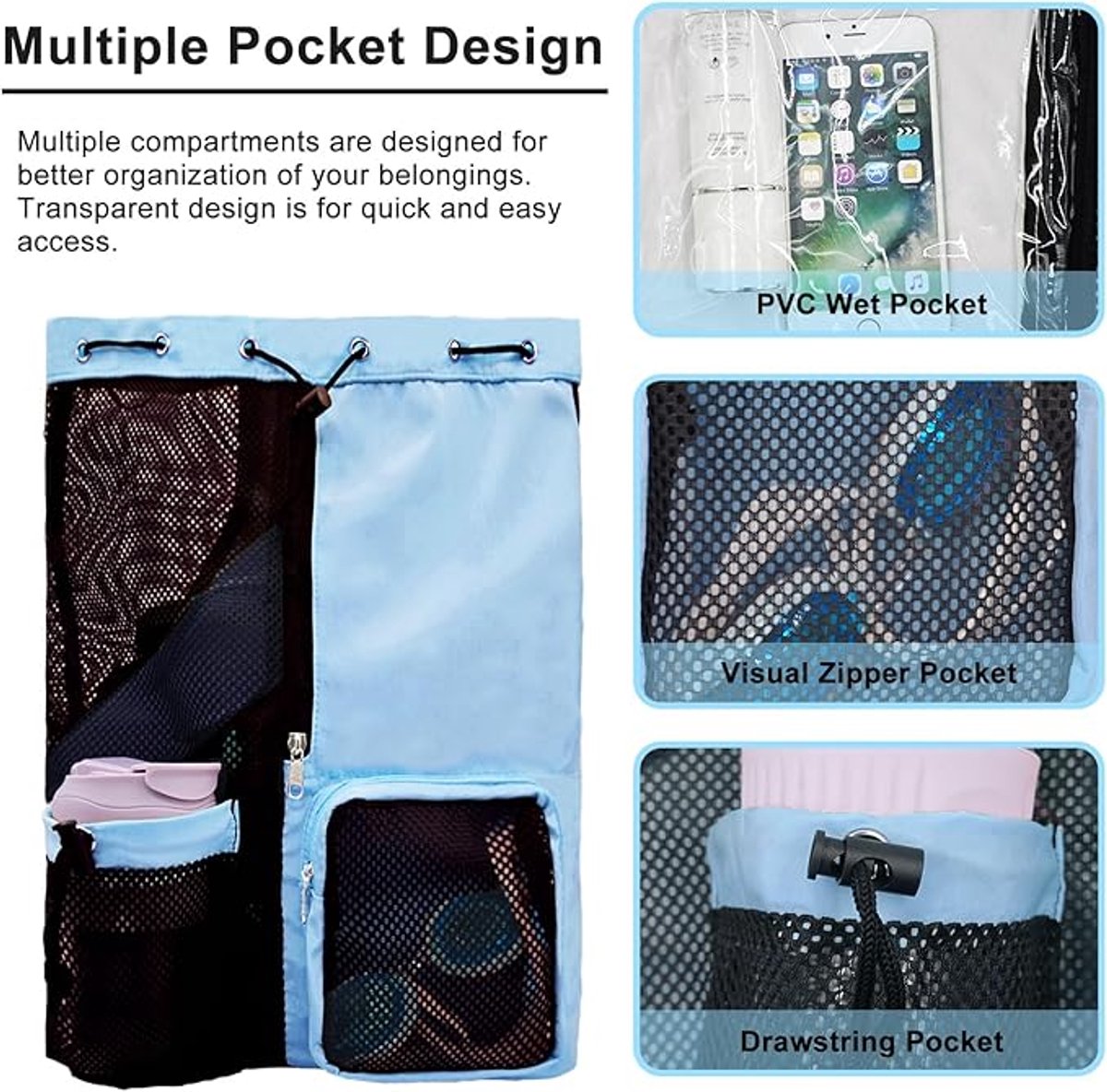 Backpack - Sports Bag - Travel Bag - Training Bag - Swimming Bag - 30*15*45cm - Mesh Material - Drawstring Design - Side Storage Space - Unisex - Suitable for Fitness, Swimming, Travel, Dancing, Camping（Blue）