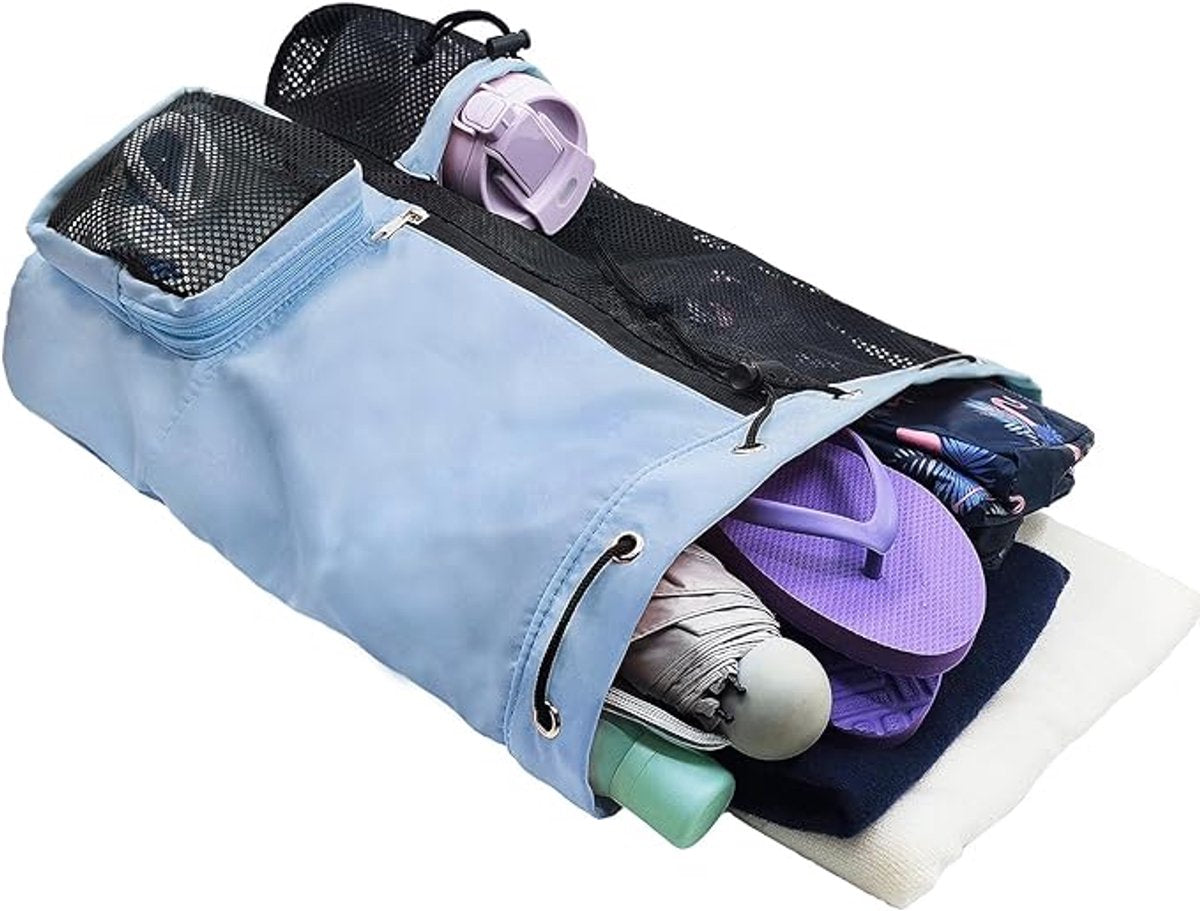 Backpack - Sports Bag - Travel Bag - Training Bag - Swimming Bag - 30*15*45cm - Mesh Material - Drawstring Design - Side Storage Space - Unisex - Suitable for Fitness, Swimming, Travel, Dancing, Camping（Blue）