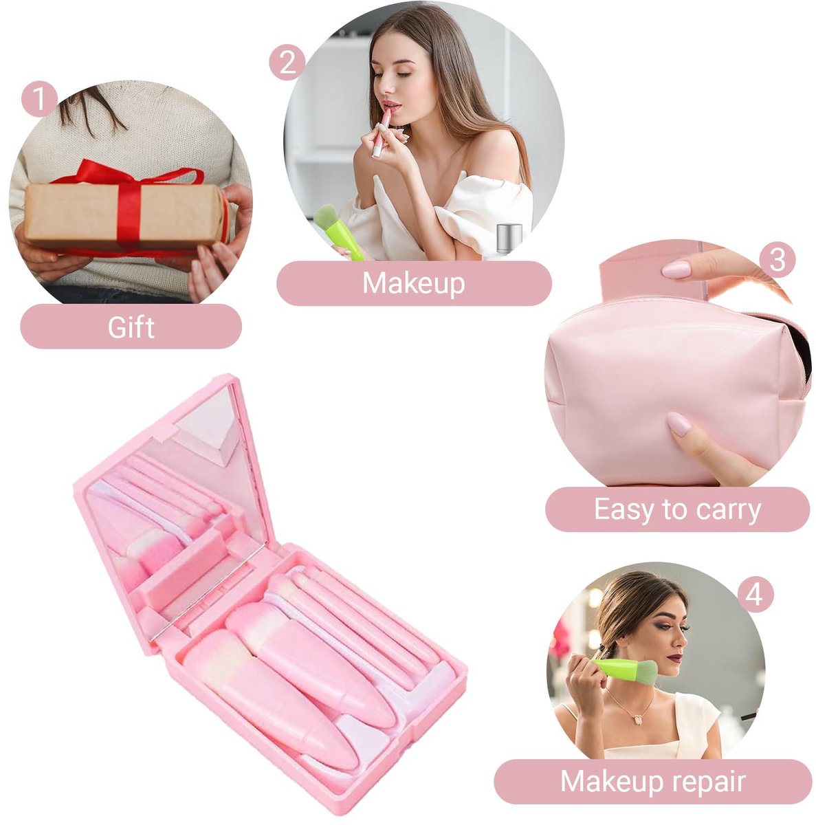 Makeup Brush Set - 5-Pack - Portable - Travel Makeup Brush Set with Mirror Case - Professional Foundation Brush, Eyeshadow Brush, and Blending Brush for Women - Barbie Pink