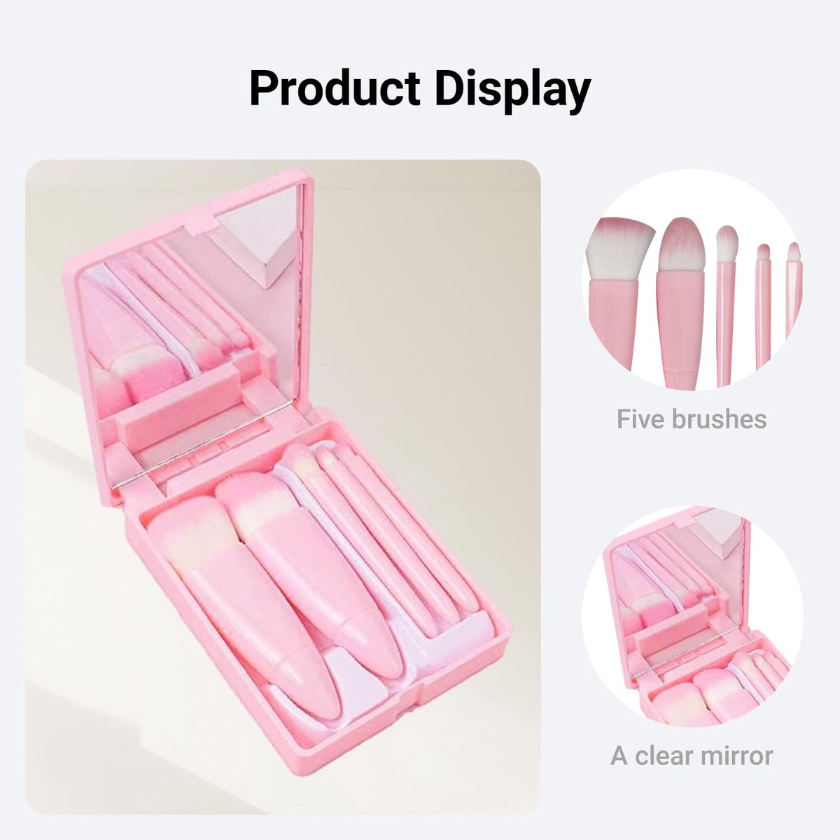Makeup Brush Set - 5-Pack - Portable - Travel Makeup Brush Set with Mirror Case - Professional Foundation Brush, Eyeshadow Brush, and Blending Brush for Women - Barbie Pink