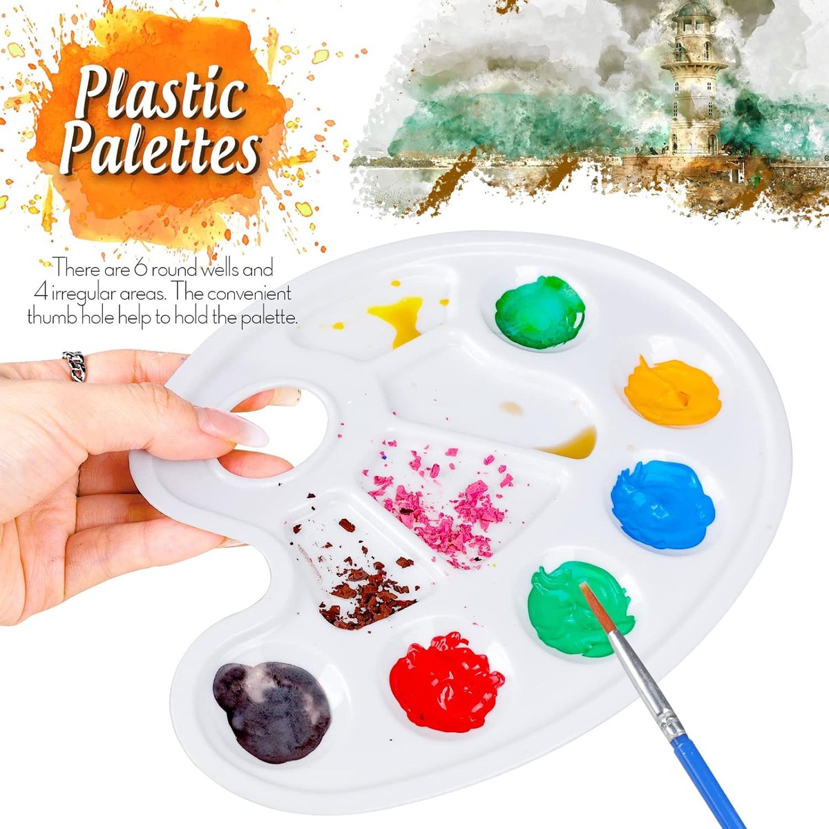 Two-piece oval paint palette - plastic paint tray - palette with thumb hole - suitable for adults and children - perfect for painting or DIY craft lessons - white