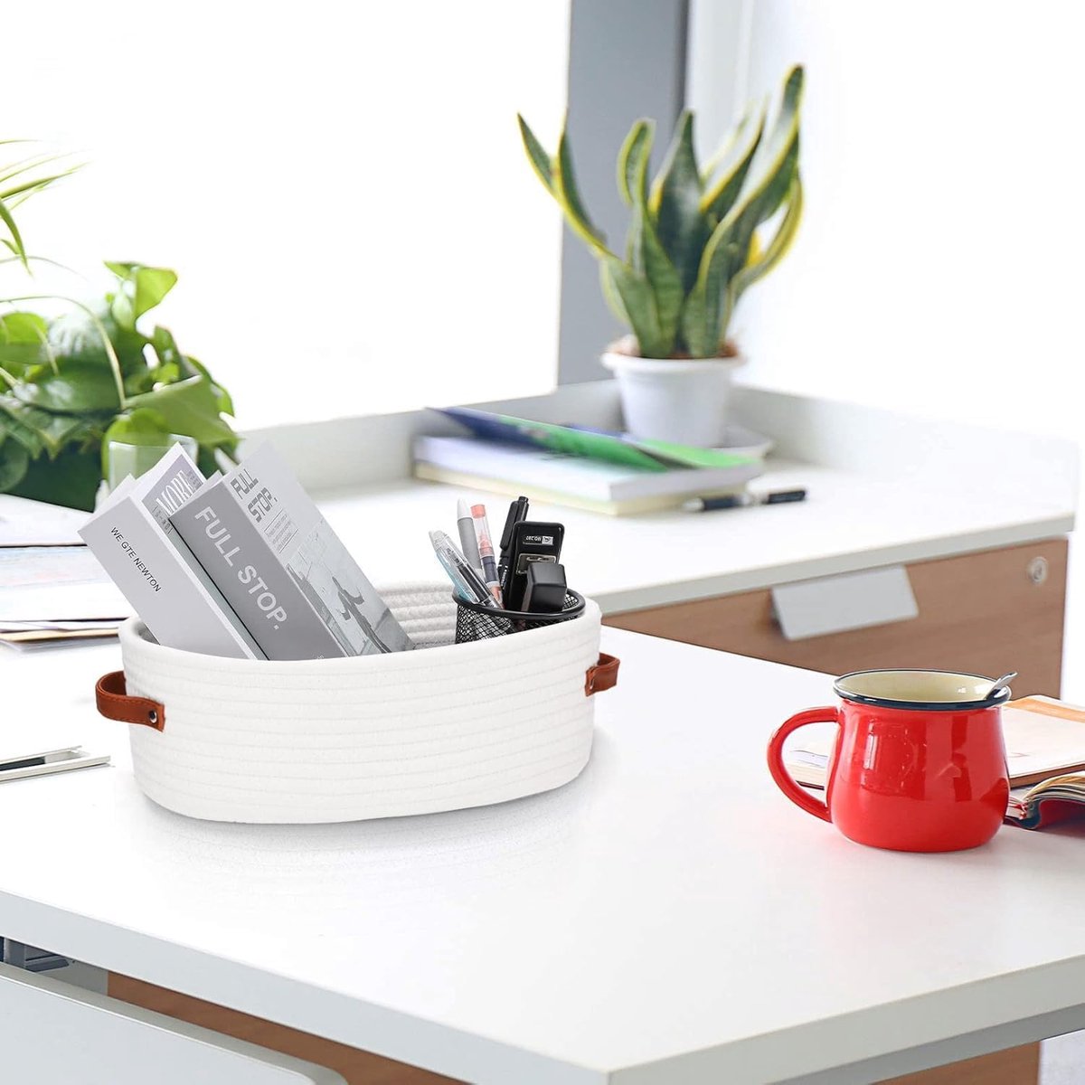 Storage Baskets - Bathroom Storage Baskets - Bathroom Countertop Storage Baskets - Bathroom Baskets Made of Braided Cotton Rope - Toilet Paper Baskets with Leather Handles - Suitable for Bathrooms, Bedrooms, and Living Rooms