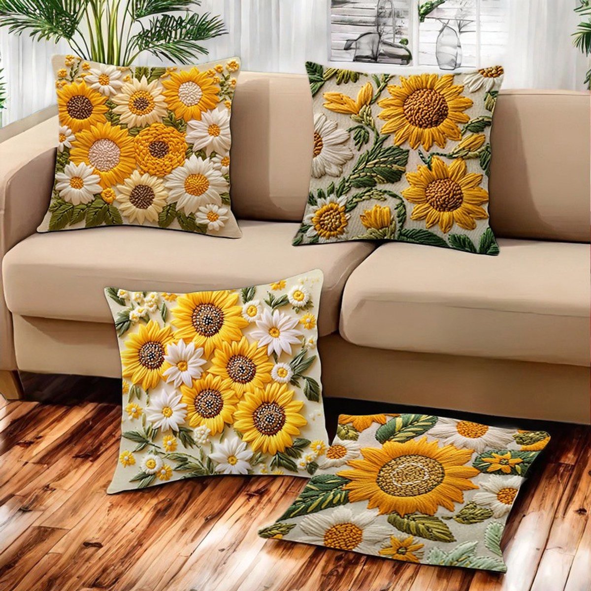 Pillowcase - 4 pieces - 45*45 cm - Flat pillowcase - Soft sunflower decoration - Modern pillowcases - Suitable for beds, sofas, living rooms and bedrooms.