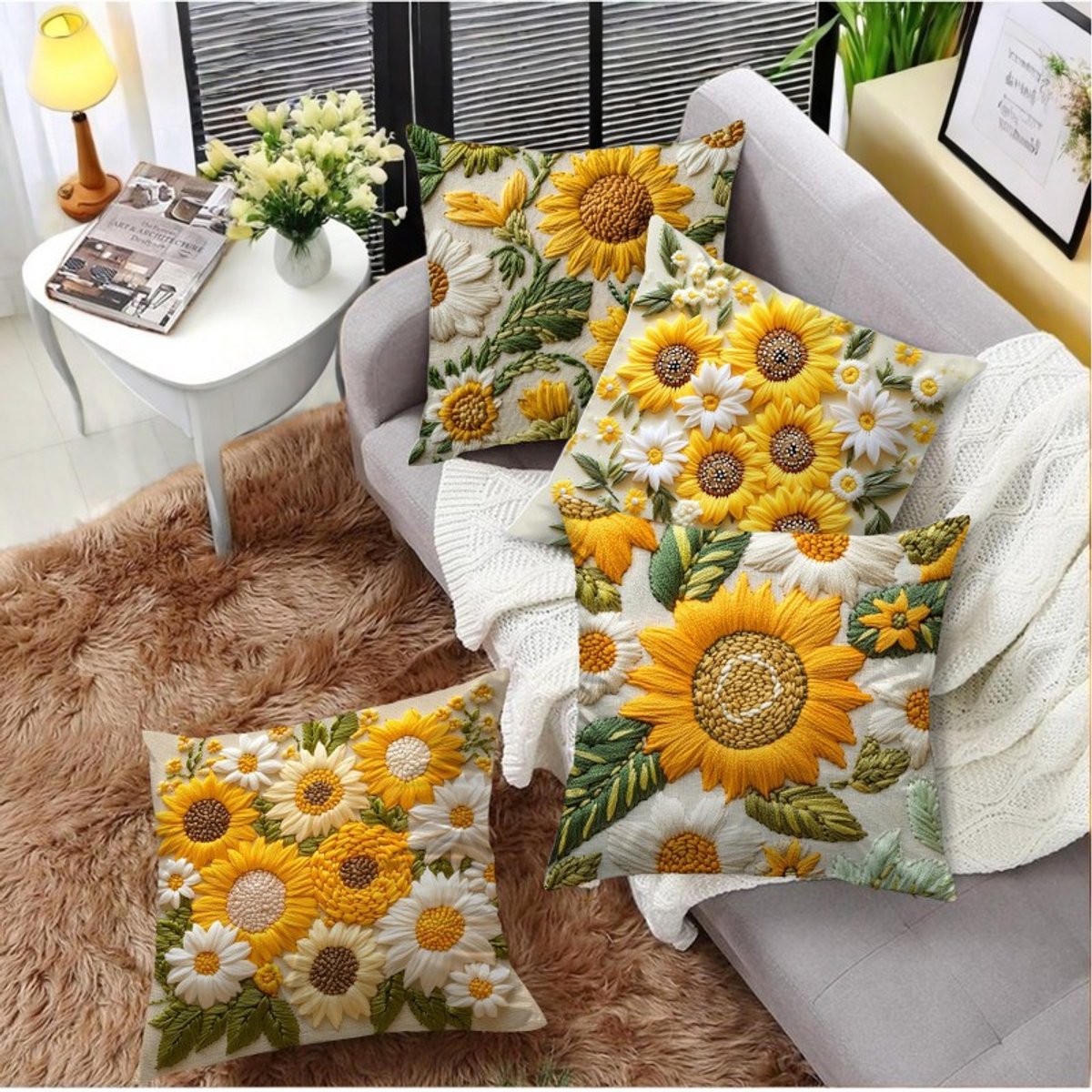 Pillowcase - 4 pieces - 45*45 cm - Flat pillowcase - Soft sunflower decoration - Modern pillowcases - Suitable for beds, sofas, living rooms and bedrooms.