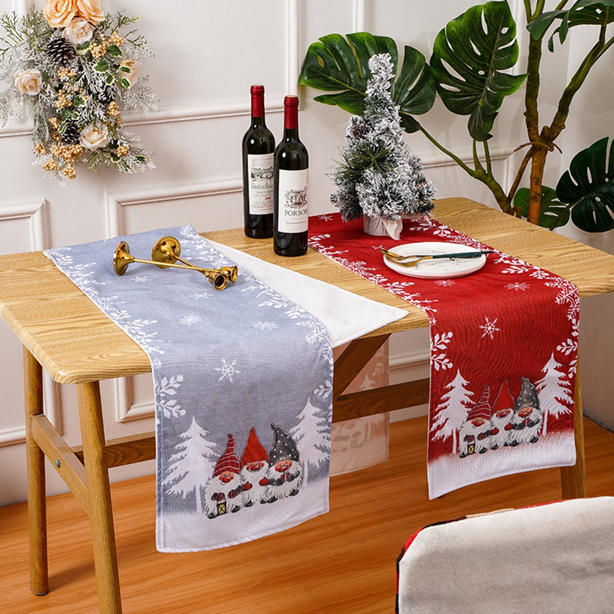 Tablecloth - Two-pack - Christmas tablecloth - Snowflake table runner - textile table runners (Gray + Red)