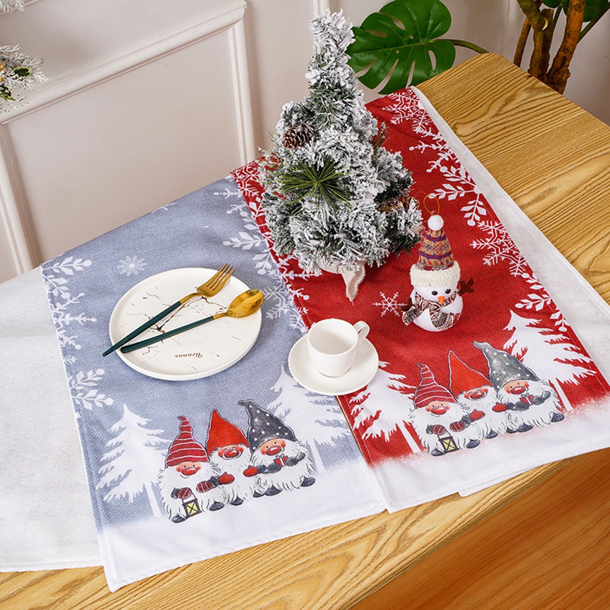 Tablecloth - Two-pack - Christmas tablecloth - Snowflake table runner - textile table runners (Gray + Red)