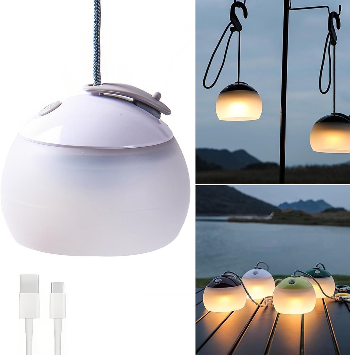 Night Light - Outdoor Camping Lamp - Atmospheric Decorative Lighting - Round Camping Lamp - 3 Brightness Levels - Hook Mount - Suitable for emergencies, tents, fishing, and other occasions. (White)