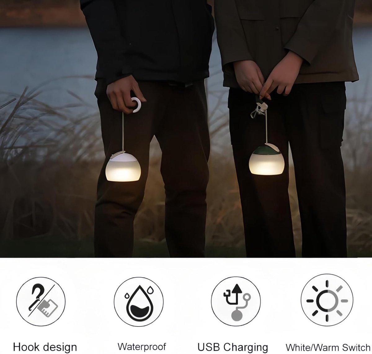 Night Light - Outdoor Camping Lamp - Atmospheric Decorative Lighting - Round Camping Lamp - 3 Brightness Levels - Hook Mount - Suitable for emergencies, tents, fishing, and other occasions. (White)