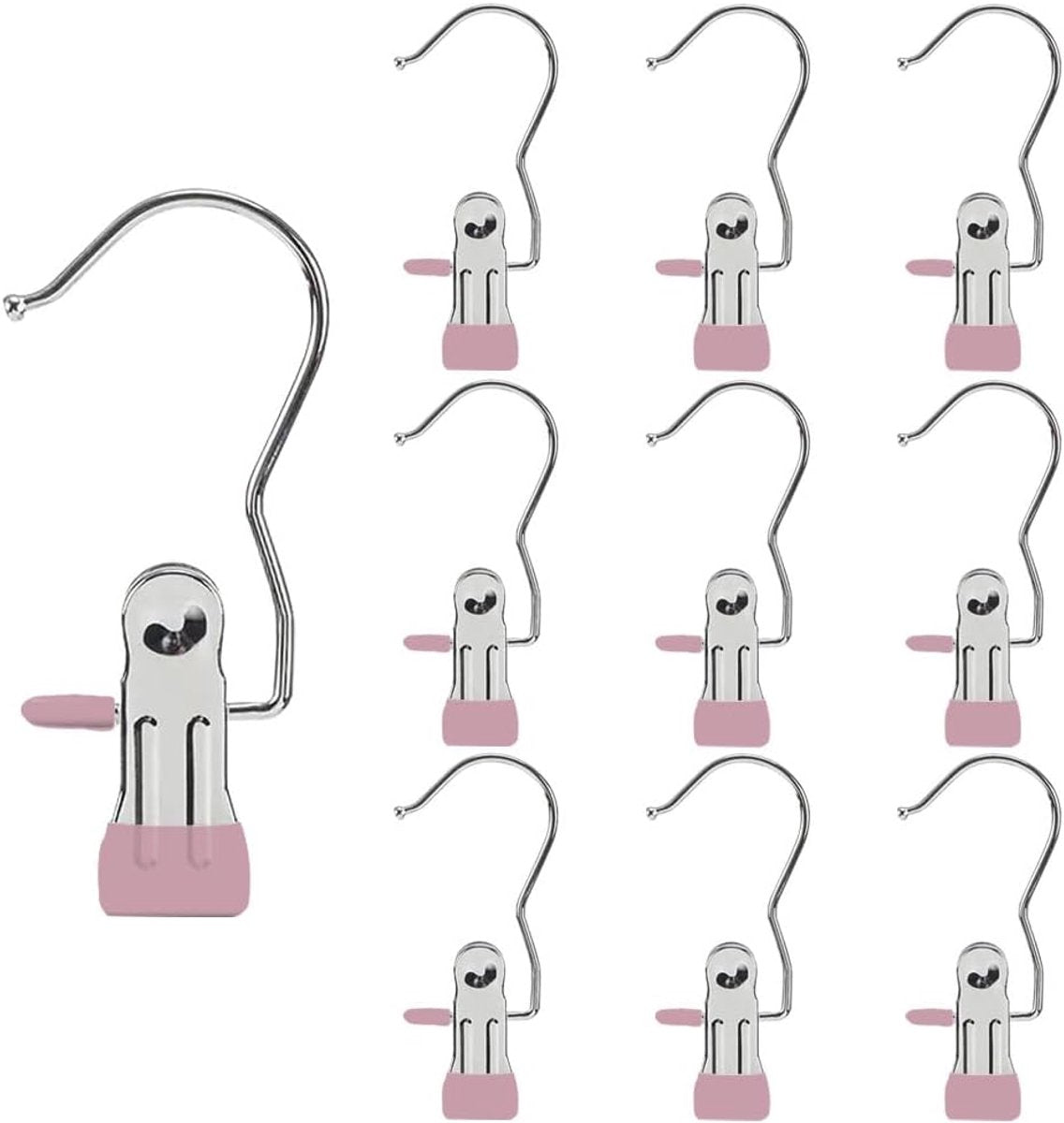 Clothes Pegs - Hangers with Clips - Stainless Steel Trouser Clips with Anti-Slip - Clothes Hooks - Hat Clips - Sock Clips - For Skirts, Trousers & Scarves (Pink, Pack of 10)