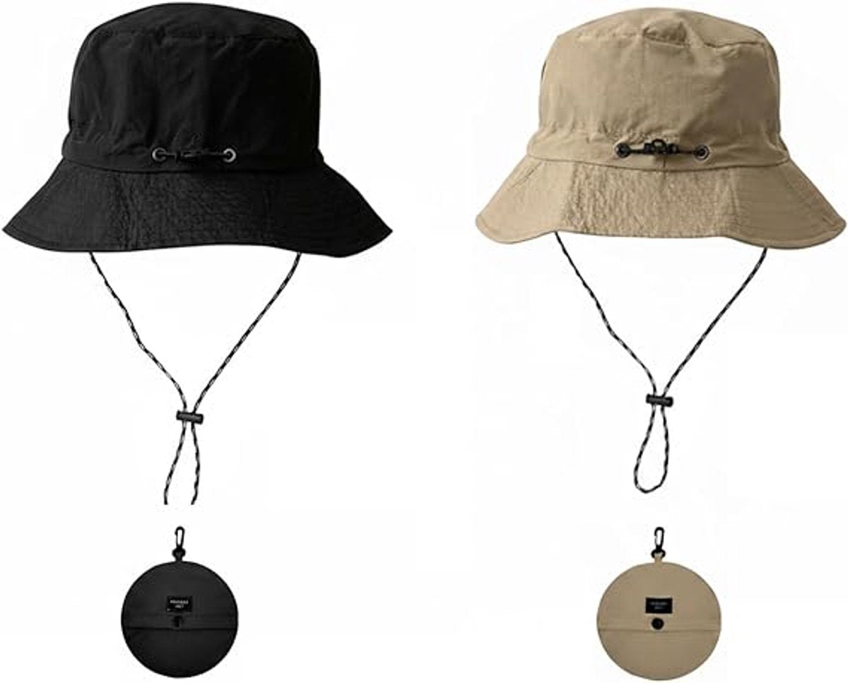 Hat - Sun Hat - Outdoor Jungle Hat - Foldable Bucket Hat - Rain Hat - Unisex - With Removable Chin Strap - 2-Piece (Black + Khaki)