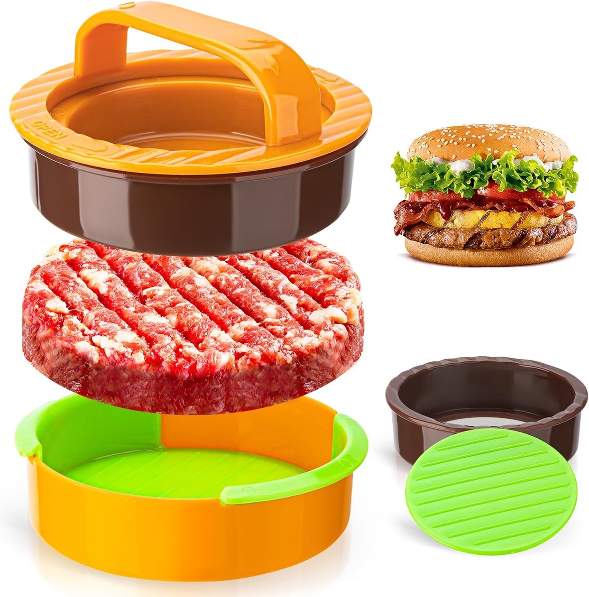 3-in-1 Hamburger and Hamburger Press - Hamburger Mold - Non-stick, durable patty maker for stuffed burgers and sliders - Easy to clean - Orange