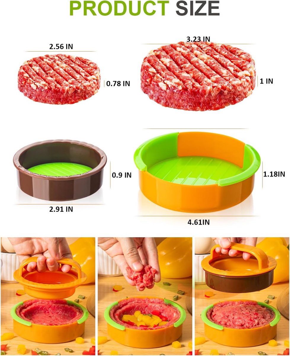 3-in-1 Hamburger and Hamburger Press - Hamburger Mold - Non-stick, durable patty maker for stuffed burgers and sliders - Easy to clean - Orange