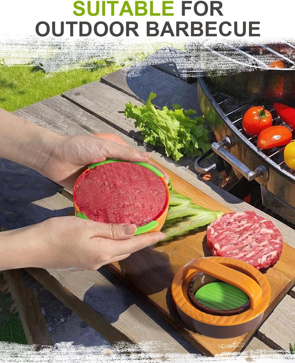 3-in-1 Hamburger and Hamburger Press - Hamburger Mold - Non-stick, durable patty maker for stuffed burgers and sliders - Easy to clean - Orange