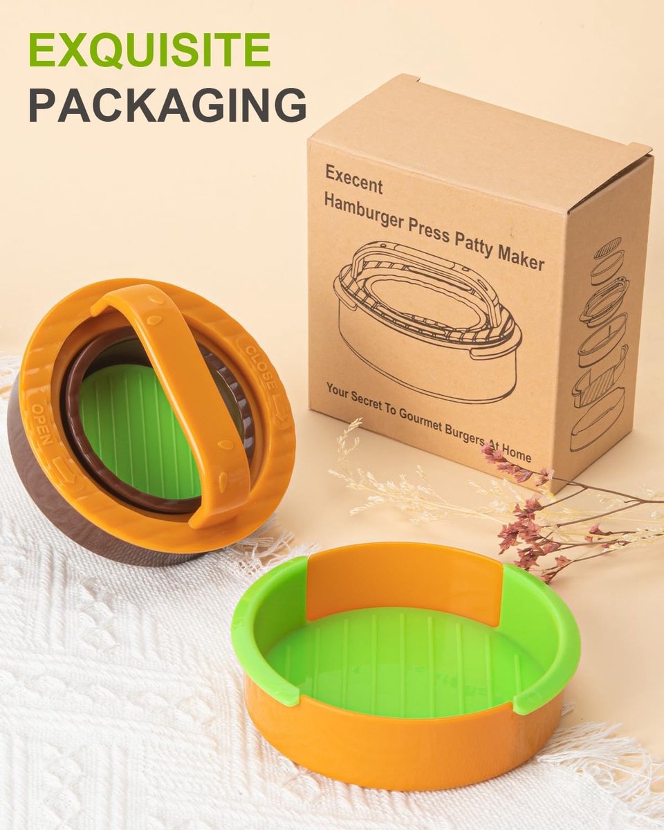 3-in-1 Hamburger and Hamburger Press - Hamburger Mold - Non-stick, durable patty maker for stuffed burgers and sliders - Easy to clean - Orange