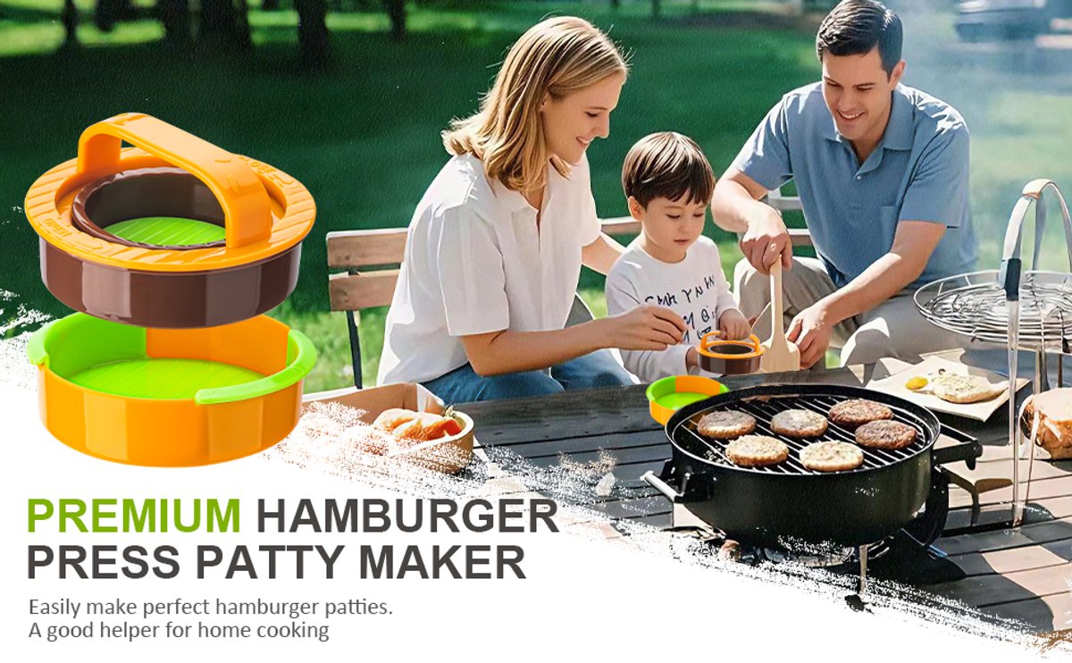 3-in-1 Hamburger and Hamburger Press - Hamburger Mold - Non-stick, durable patty maker for stuffed burgers and sliders - Easy to clean - Orange