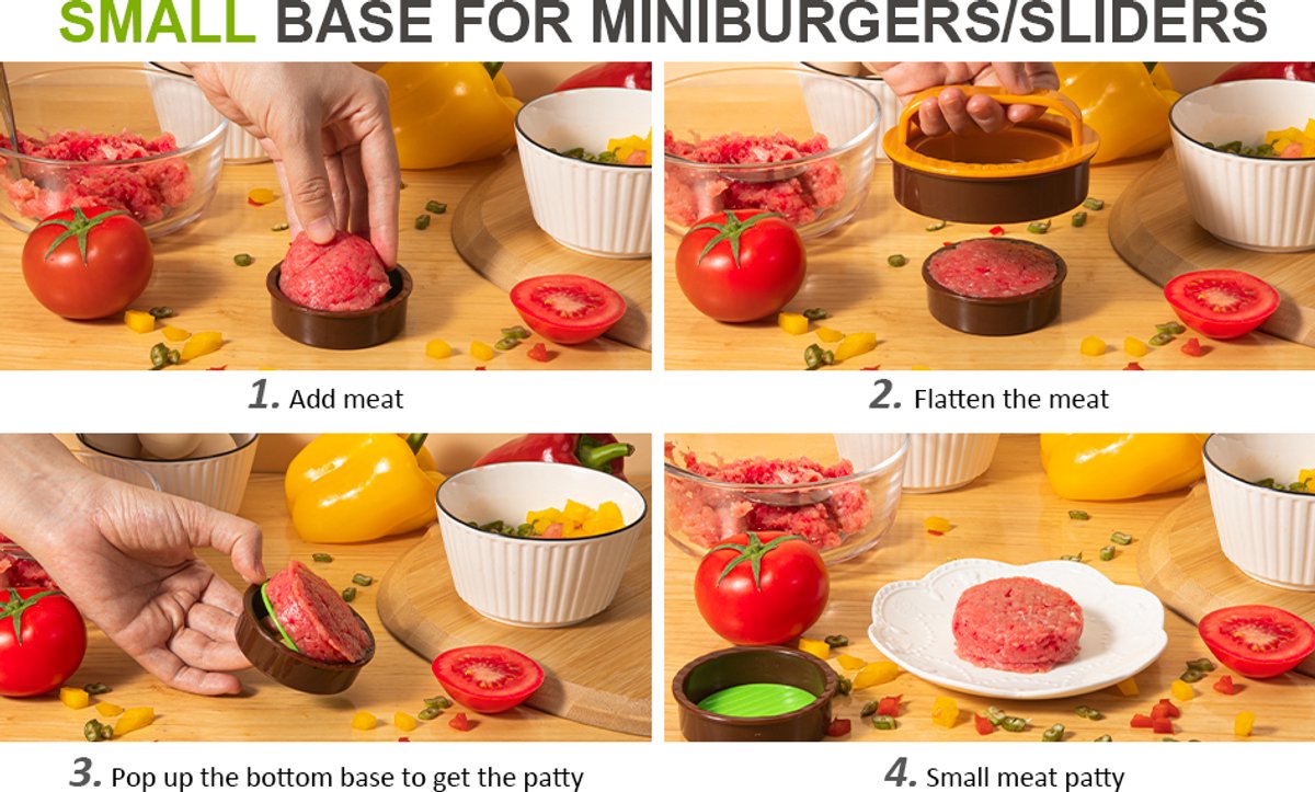 3-in-1 Hamburger and Hamburger Press - Hamburger Mold - Non-stick, durable patty maker for stuffed burgers and sliders - Easy to clean - Orange