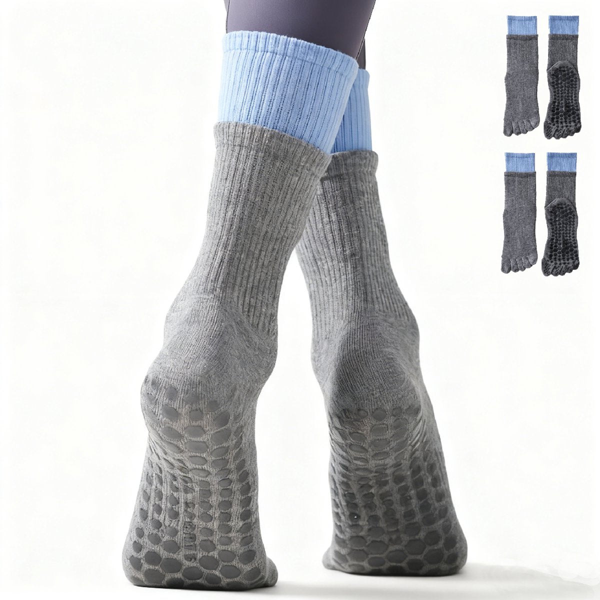 Yoga Socks (2 pairs) - Five Finger Yoga Socks - Non-slip Socks - Toe Socks - Pilates Socks - Suitable for Sports - Fitness - Dance - Gray