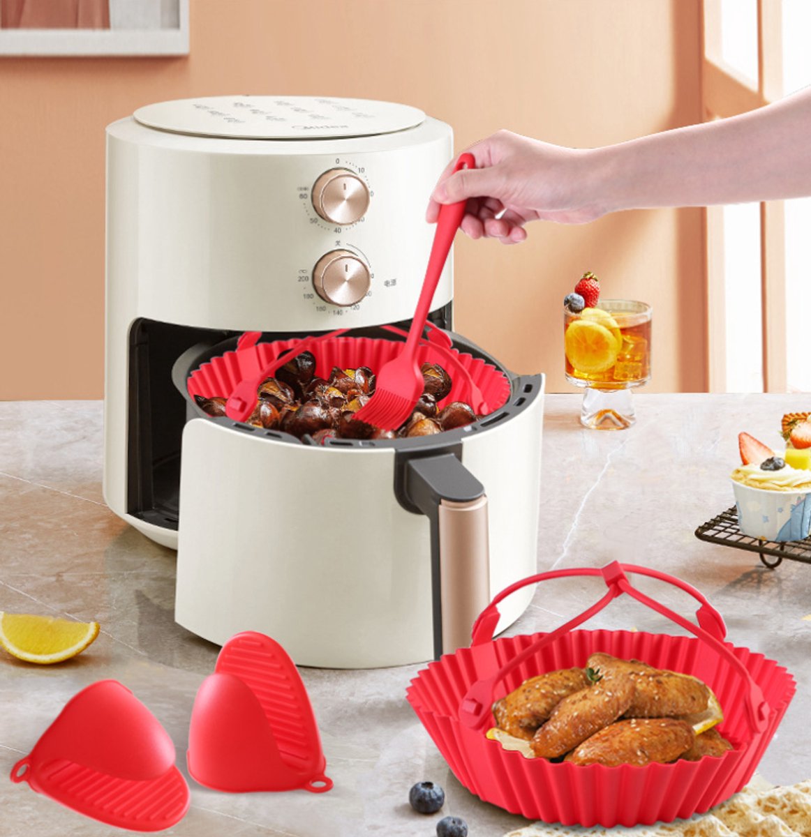 Accessories for the air fryer - baking tray, oven mitts, brush, tongs - suitable for kitchen, cooking, baking and grilling - five-piece set