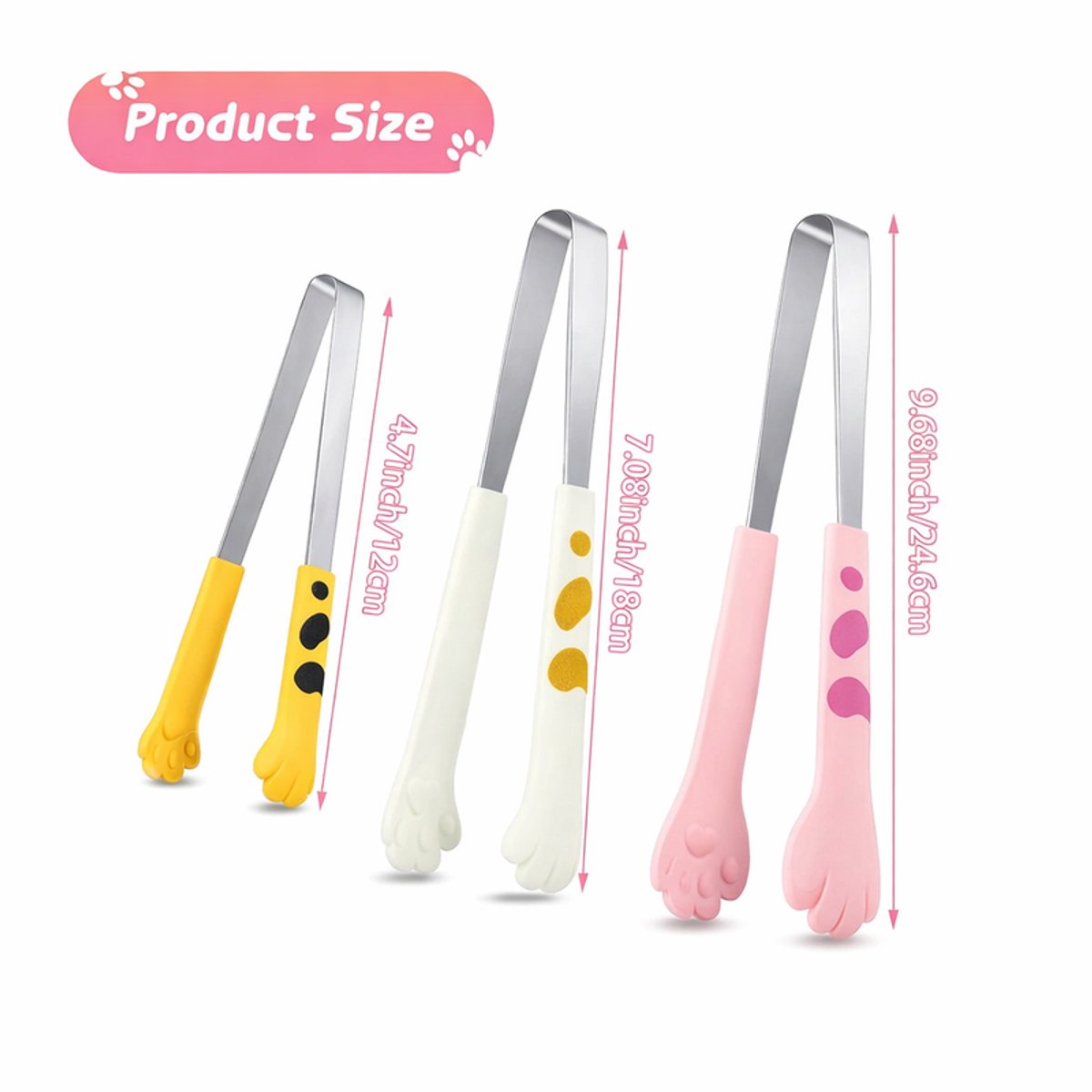Stainless Steel Kitchen Tongs - Cute Kitchen Tongs for Food - Cute Kitchen Accessories - For Toasting Toast, Bagels, Grilling, etc. - Available in 3 Sizes (Yellow, Pink, White)