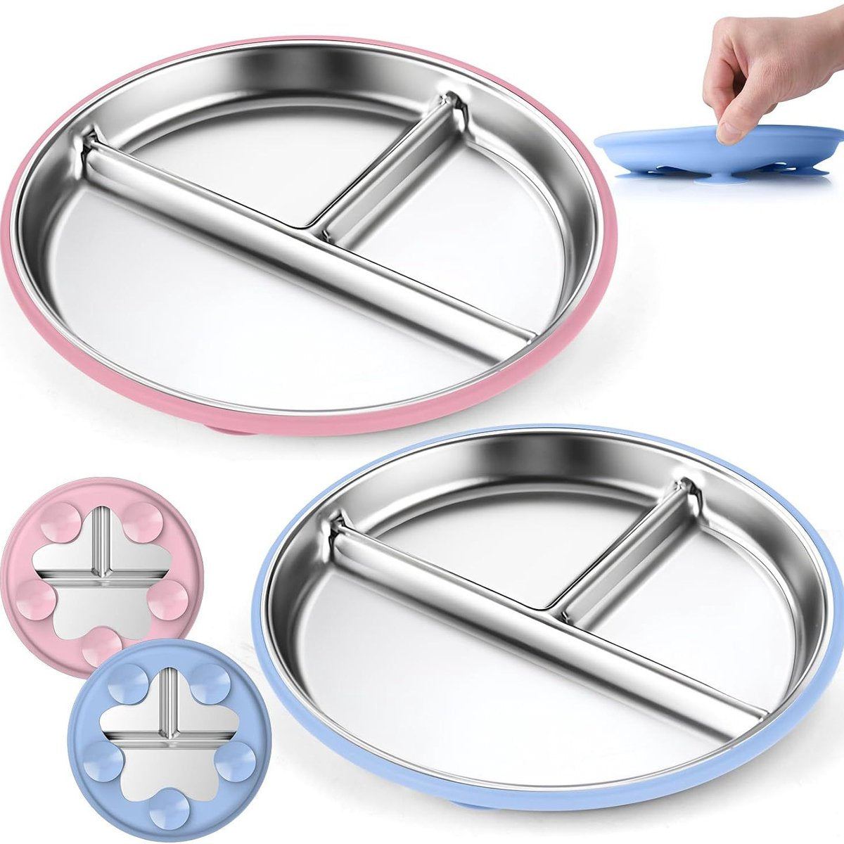 Children's Plate - Stainless Steel - Suction Cup - Shatterproof - Food Safe - 20 cm - Blue/Pink