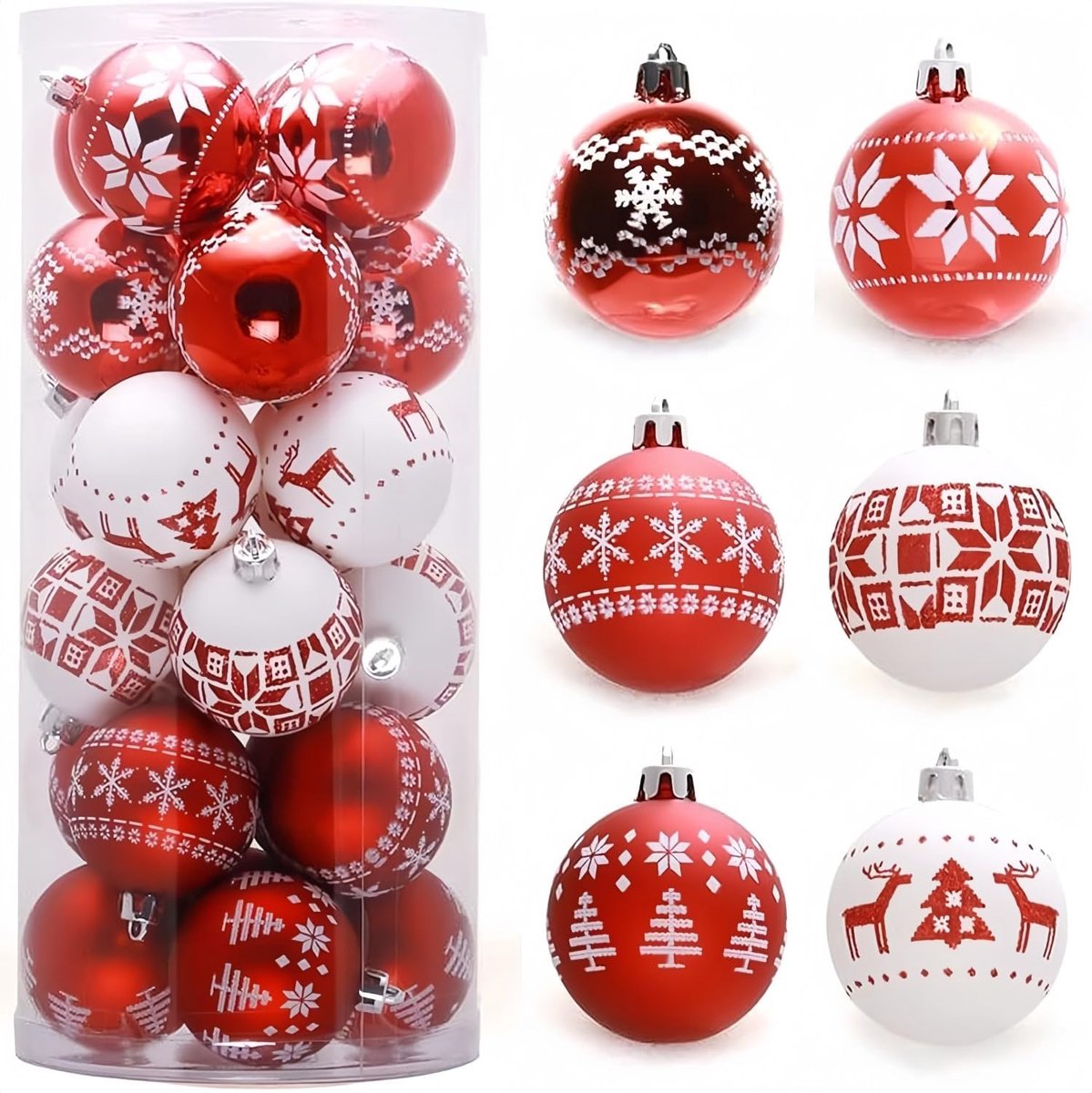 24 Christmas Baubles - 6cm Red and White Christmas Bauble Decorations - Christmas Tree Decorations - Christmas Party Decorations (6 Styles)