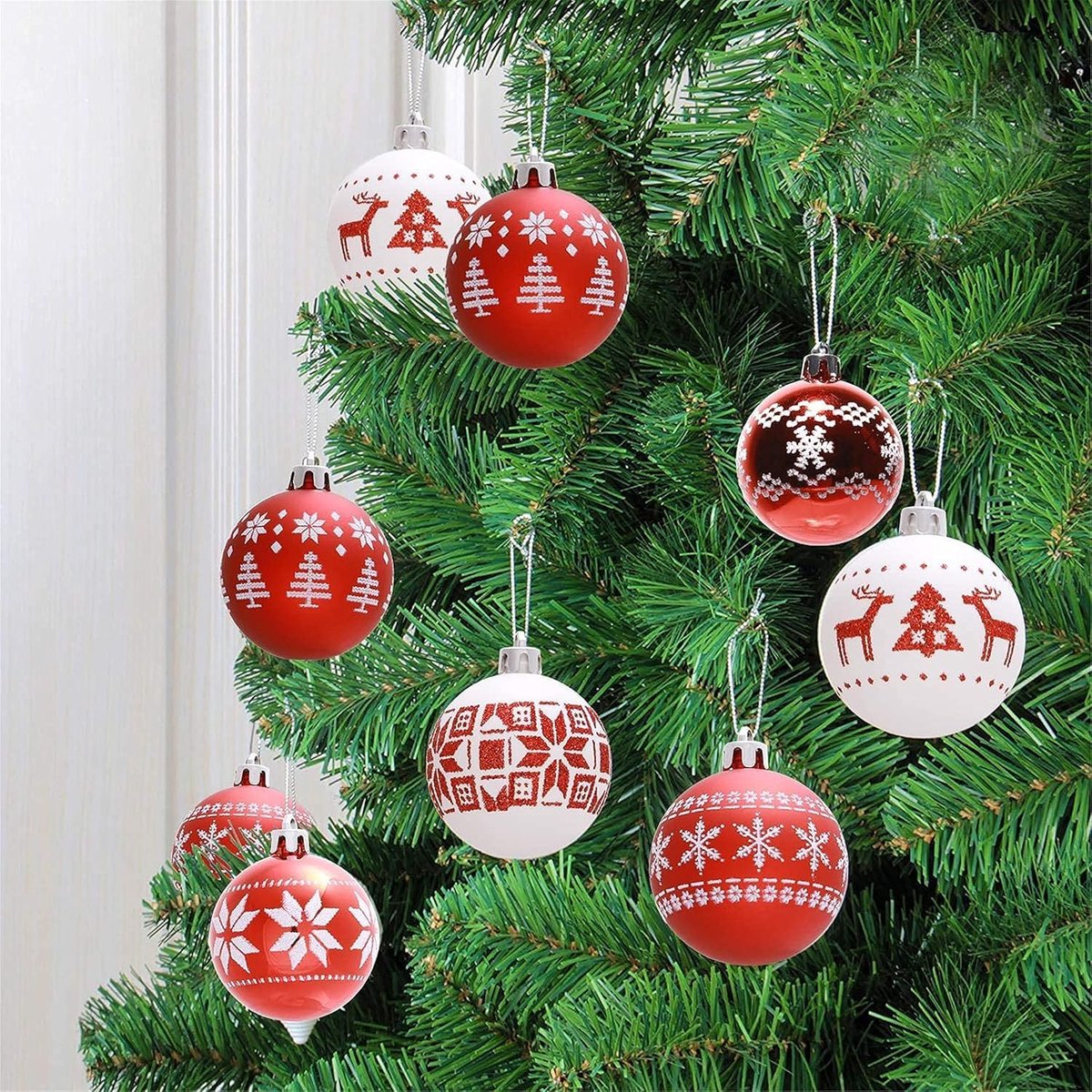 24 Christmas Baubles - 6cm Red and White Christmas Bauble Decorations - Christmas Tree Decorations - Christmas Party Decorations (6 Styles)