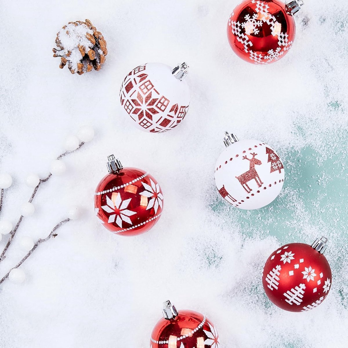 24 Christmas Baubles - 6cm Red and White Christmas Bauble Decorations - Christmas Tree Decorations - Christmas Party Decorations (6 Styles)