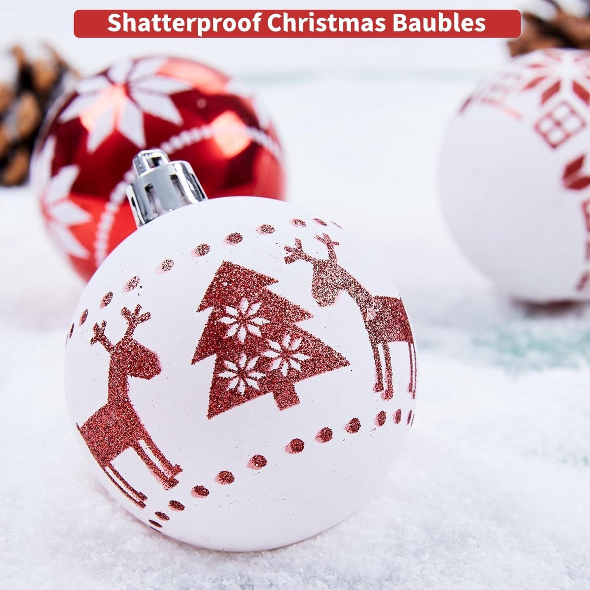 24 Christmas Baubles - 6cm Red and White Christmas Bauble Decorations - Christmas Tree Decorations - Christmas Party Decorations (6 Styles)