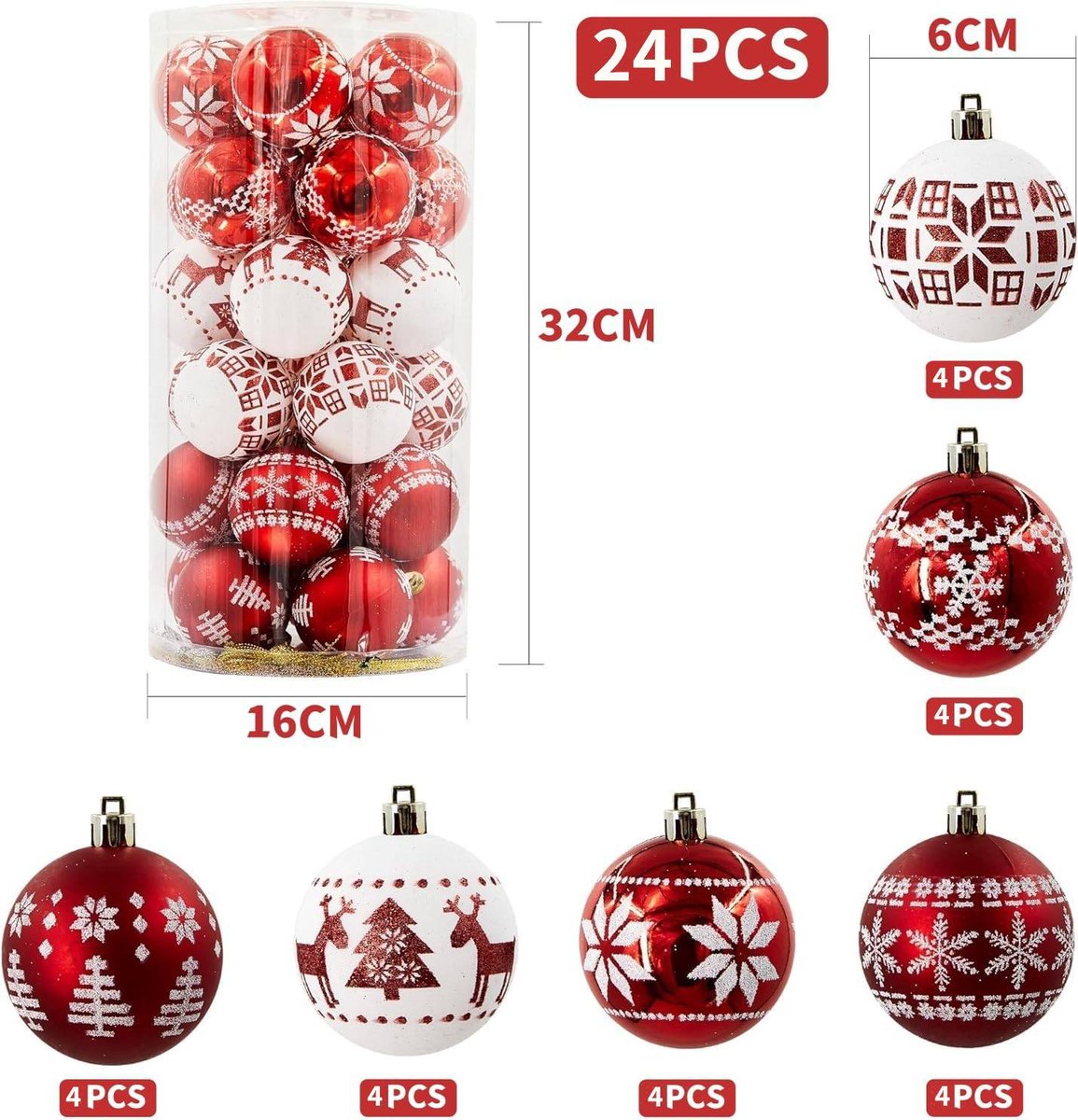 24 Christmas Baubles - 6cm Red and White Christmas Bauble Decorations - Christmas Tree Decorations - Christmas Party Decorations (6 Styles)