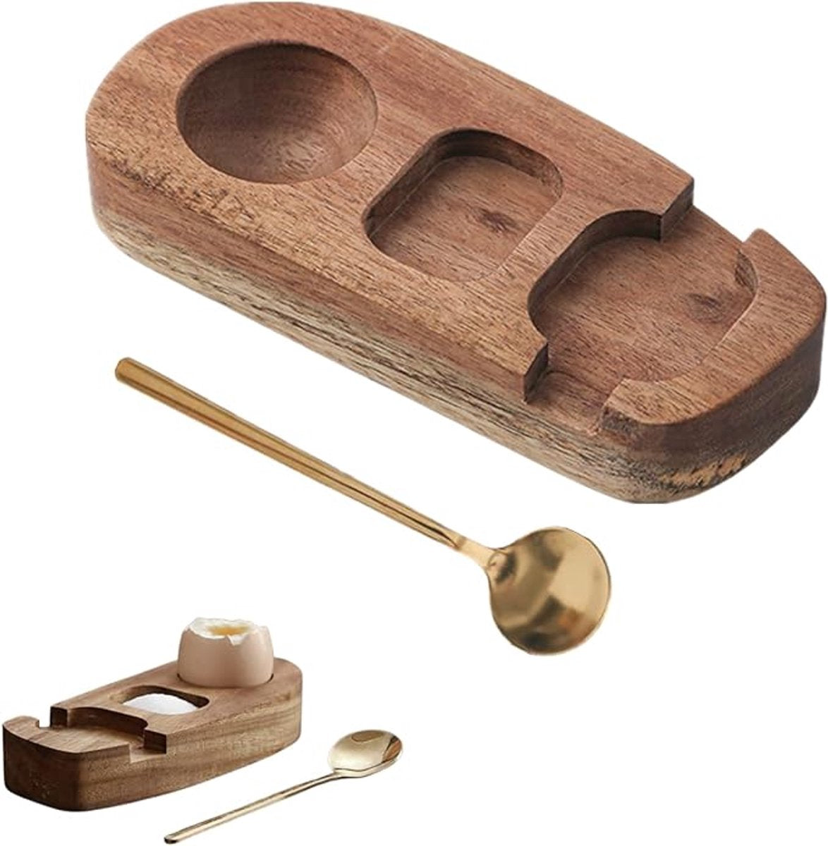 1 set - Wooden egg holder - with spoon - Stylish tray - Sturdy design - Suitable for breakfast, brunch, picnic and everyday use