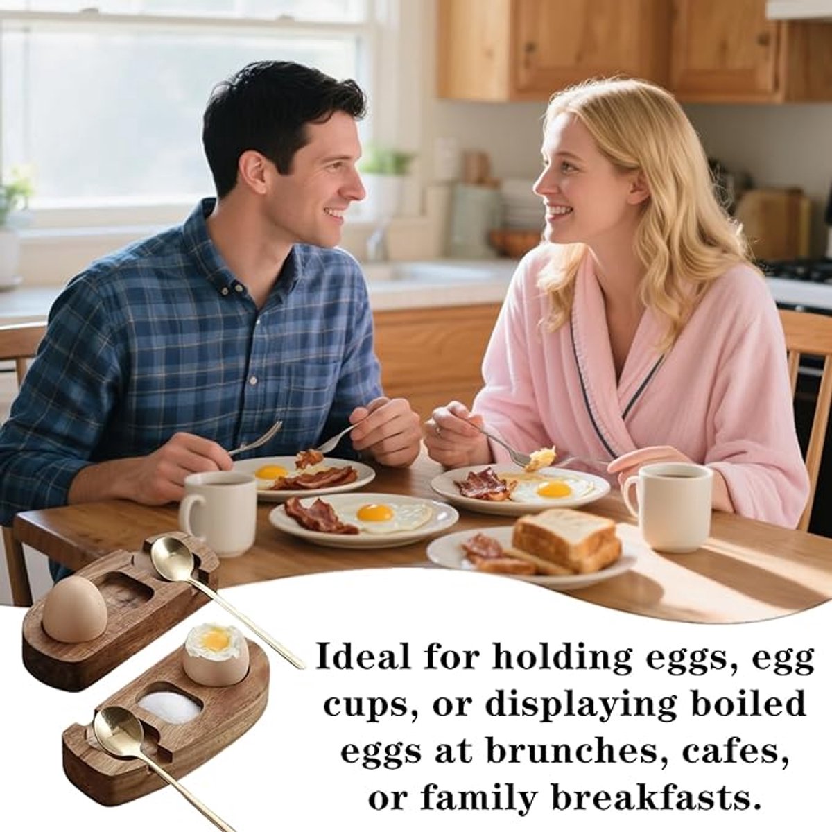 1 set - Wooden egg holder - with spoon - Stylish tray - Sturdy design - Suitable for breakfast, brunch, picnic and everyday use