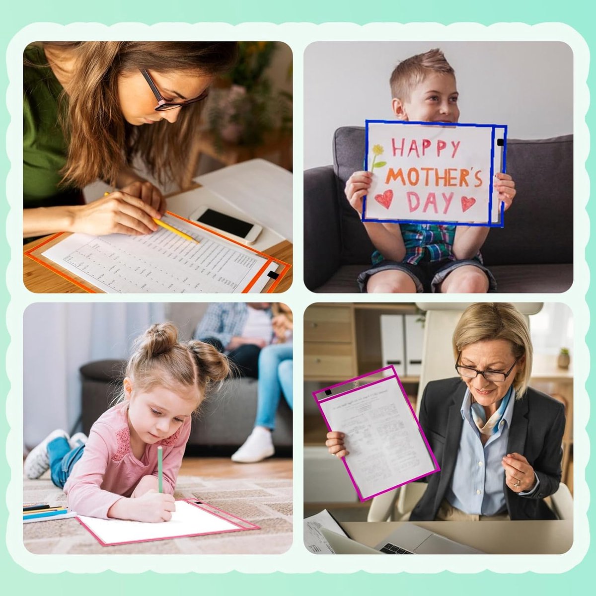 Erasable and Writable Folders - Pack of 20 | Includes 20 water-based whiteboard markers and 2 erasers - Transparent plastic folders/protective covers - Drawing and tracing bags for young children - Erasable and writable - Random colors