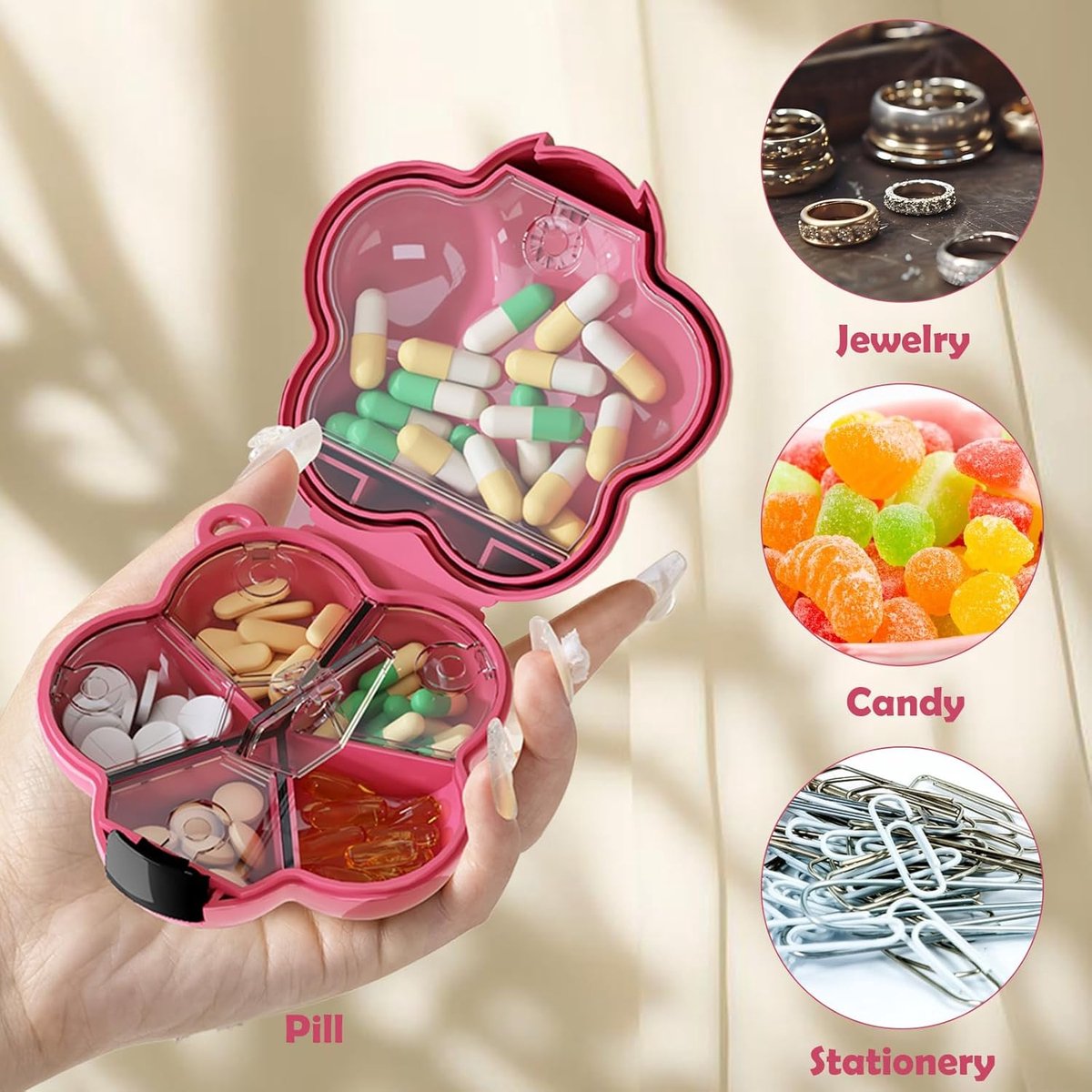 Mini Pill Box - Portable Jewelry Box - Flower-Shaped Storage Box - For storing small accessories - Suitable for boys and girls (White)