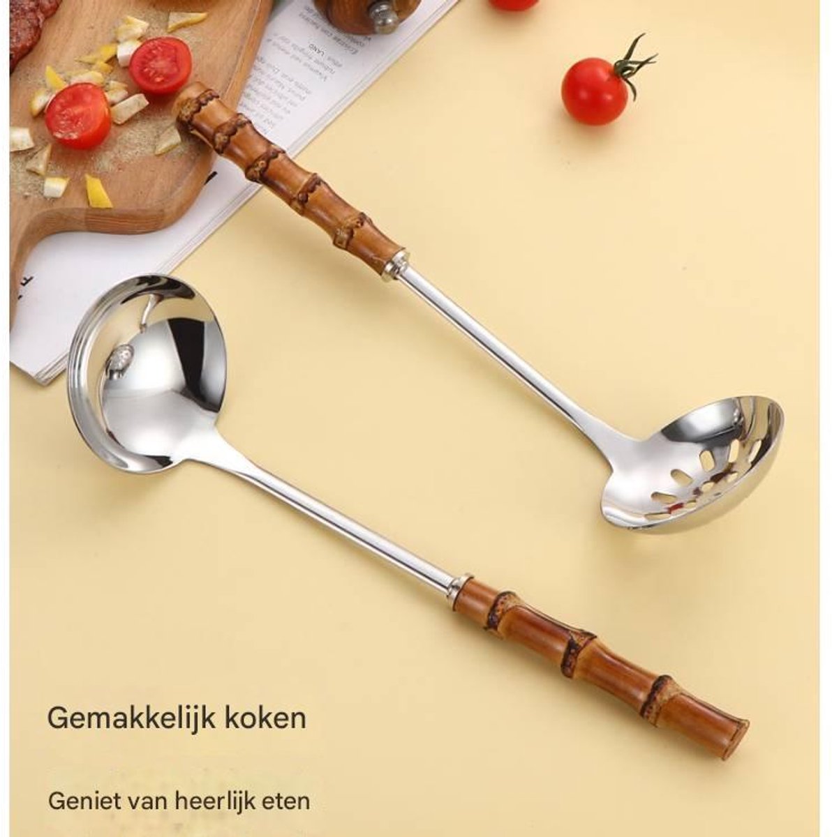 Spoons - 2-Piece Set - Stainless Steel Soup Spoon with Bamboo Handle - Long Handle Soup Spoon - Soup Spoon - Strainer - Strainer Set - Durable and Comfortable Kitchen Utensils