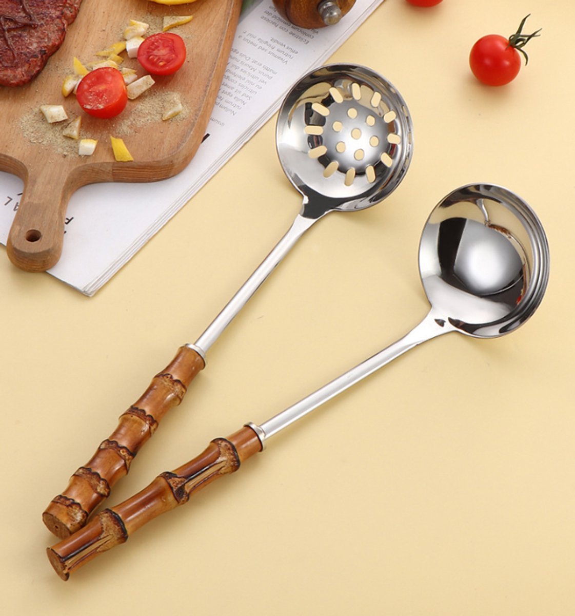 Spoons - 2-Piece Set - Stainless Steel Soup Spoon with Bamboo Handle - Long Handle Soup Spoon - Soup Spoon - Strainer - Strainer Set - Durable and Comfortable Kitchen Utensils