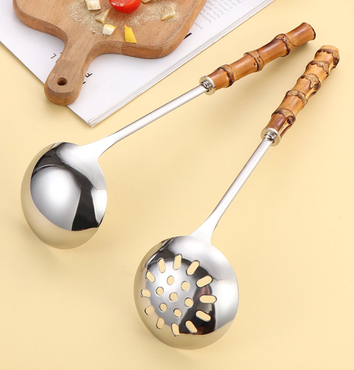 Spoons - 2-Piece Set - Stainless Steel Soup Spoon with Bamboo Handle - Long Handle Soup Spoon - Soup Spoon - Strainer - Strainer Set - Durable and Comfortable Kitchen Utensils