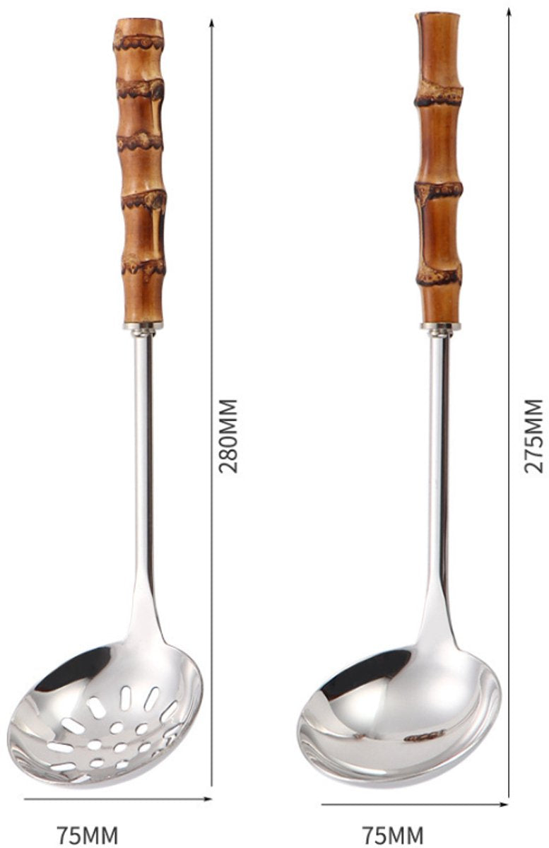 Spoons - 2-Piece Set - Stainless Steel Soup Spoon with Bamboo Handle - Long Handle Soup Spoon - Soup Spoon - Strainer - Strainer Set - Durable and Comfortable Kitchen Utensils