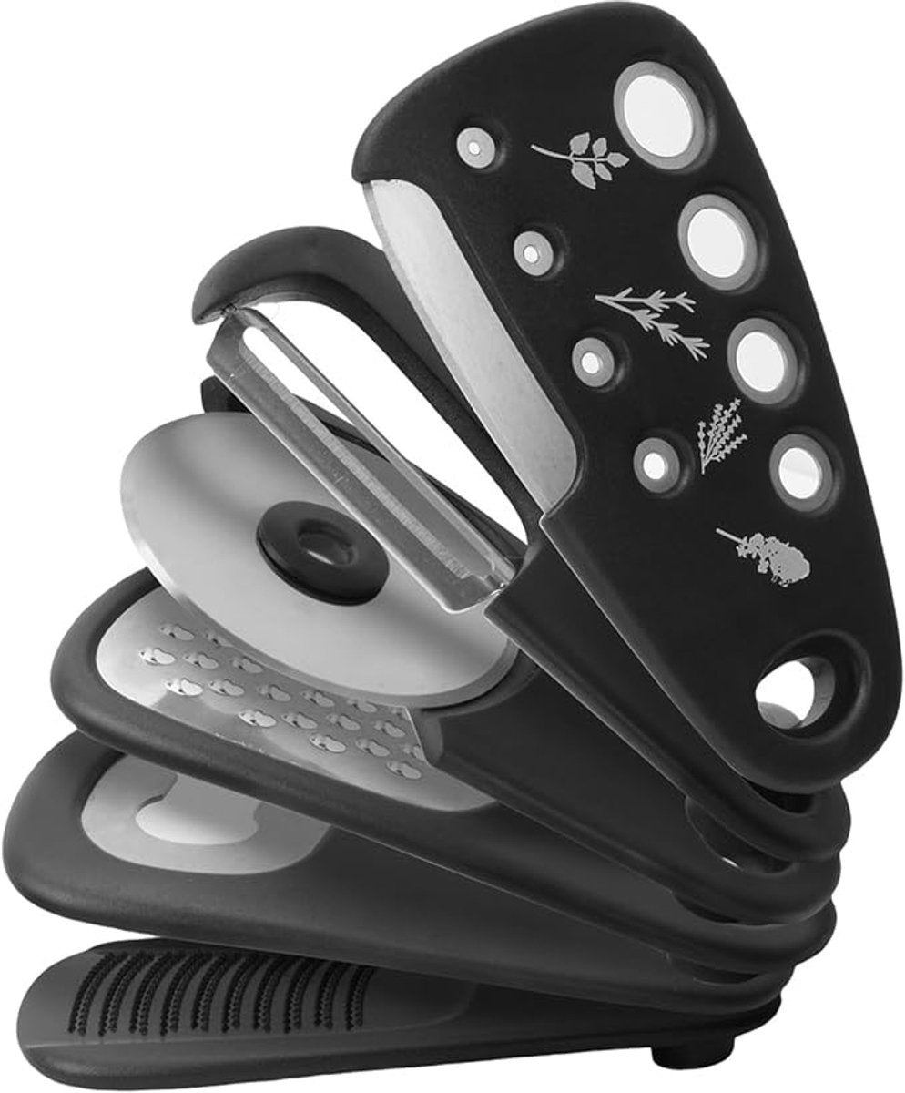 Kitchen Tools - Set of 6 - Stainless Steel Slicer - Includes Cheese Grater, Bottle Opener, Fruit and Vegetable Peeler and Pizza Cutter - Professional Cooking Utensils