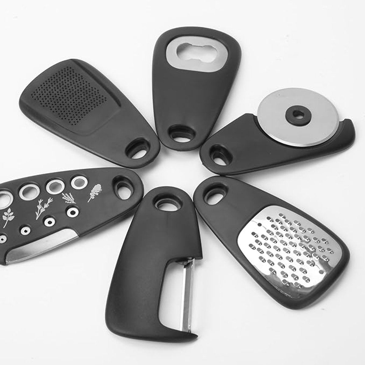 Kitchen Tools - Set of 6 - Stainless Steel Slicer - Includes Cheese Grater, Bottle Opener, Fruit and Vegetable Peeler and Pizza Cutter - Professional Cooking Utensils