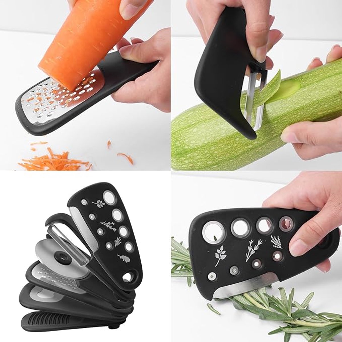 Kitchen Tools - Set of 6 - Stainless Steel Slicer - Includes Cheese Grater, Bottle Opener, Fruit and Vegetable Peeler and Pizza Cutter - Professional Cooking Utensils
