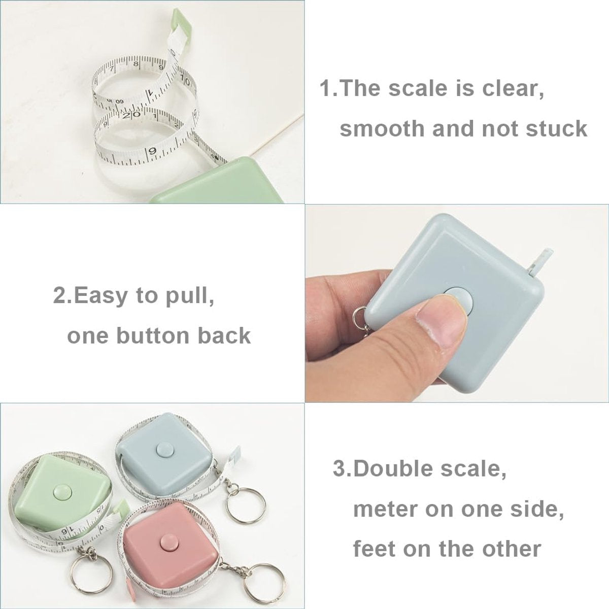 Tape Measure - Extendable Tape Measure - Small Tape Measure - 1.5 m Extendable Tape Measure for Sewing and Crafts, Body Measurements, Weaving Fabrics - Set of 3 (Blue, Pink, Green)