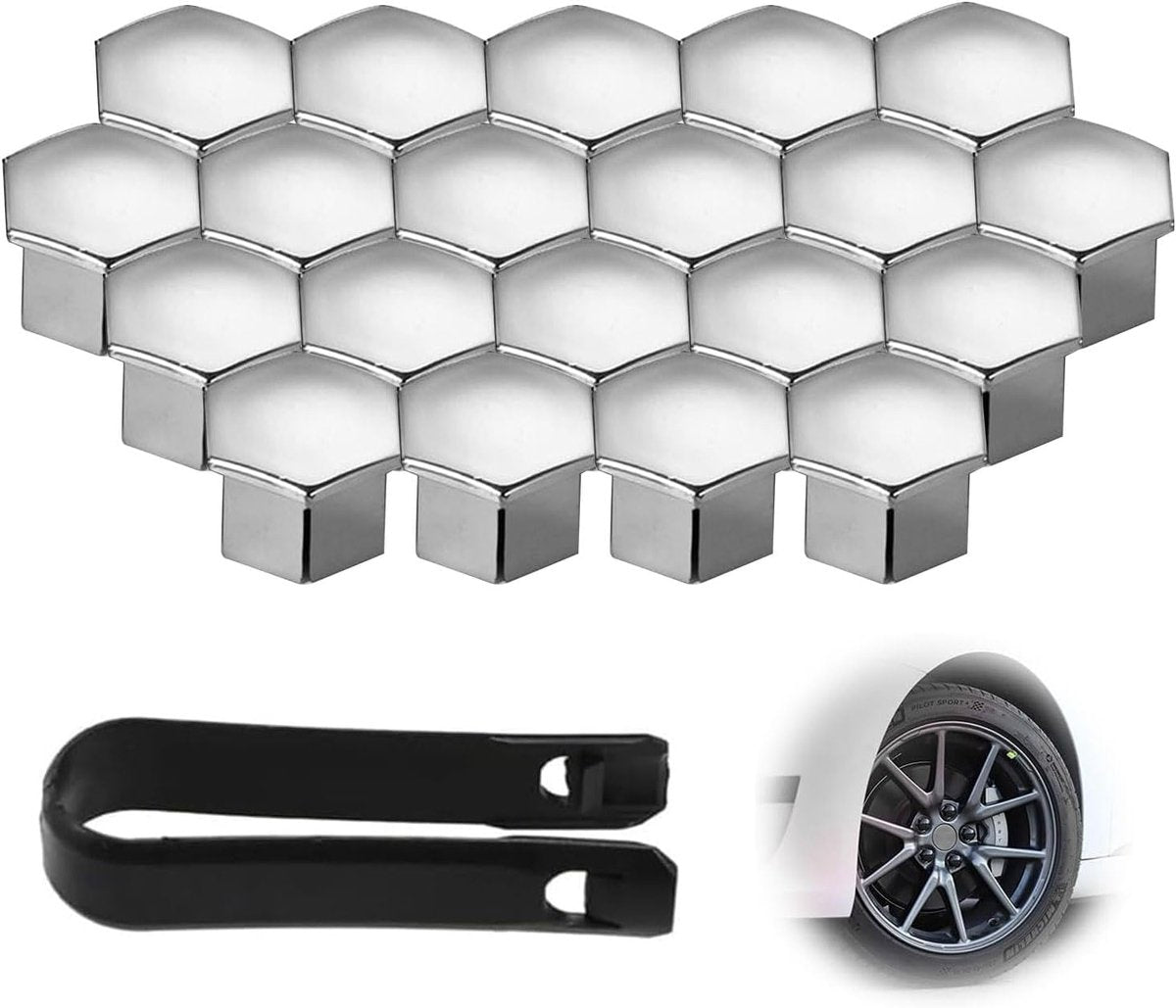Universal wheel bolt covers (20 pieces) - 17 mm wheel bolt cover - wheel bolt cover - hexagon nut protector - with puller - suitable for all car brands (silver)