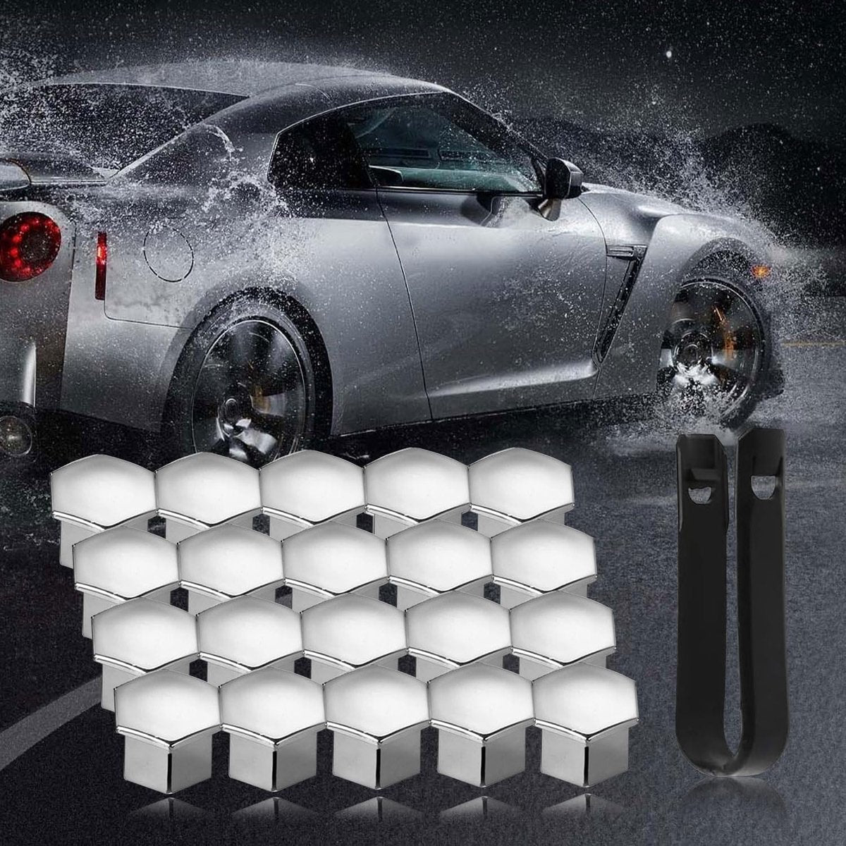 Universal wheel bolt covers (20 pieces) - 17 mm wheel bolt cover - wheel bolt cover - hexagon nut protector - with puller - suitable for all car brands (silver)