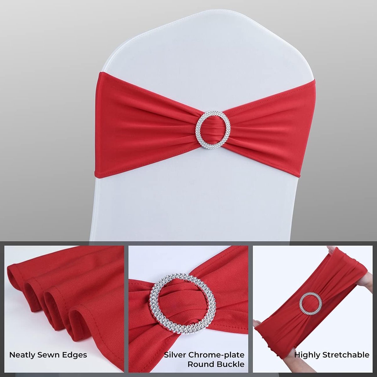 Chair Covers - Pack of 5 - Christmas Chair Covers - Party Chair Covers - Premium Elastic Chair Cover Straps - Buckle Slider - Universal Elastic Chair Straps - Wedding - Ceremony - Banquet Decoration - Red