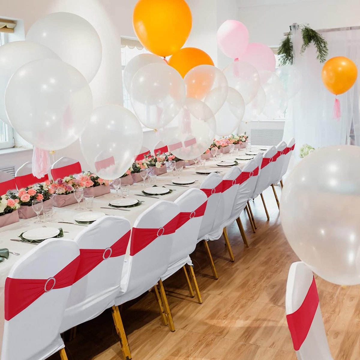 Chair Covers - Pack of 5 - Christmas Chair Covers - Party Chair Covers - Premium Elastic Chair Cover Straps - Buckle Slider - Universal Elastic Chair Straps - Wedding - Ceremony - Banquet Decoration - Red