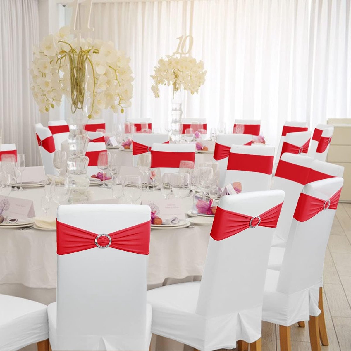 Chair Covers - Pack of 5 - Christmas Chair Covers - Party Chair Covers - Premium Elastic Chair Cover Straps - Buckle Slider - Universal Elastic Chair Straps - Wedding - Ceremony - Banquet Decoration - Red