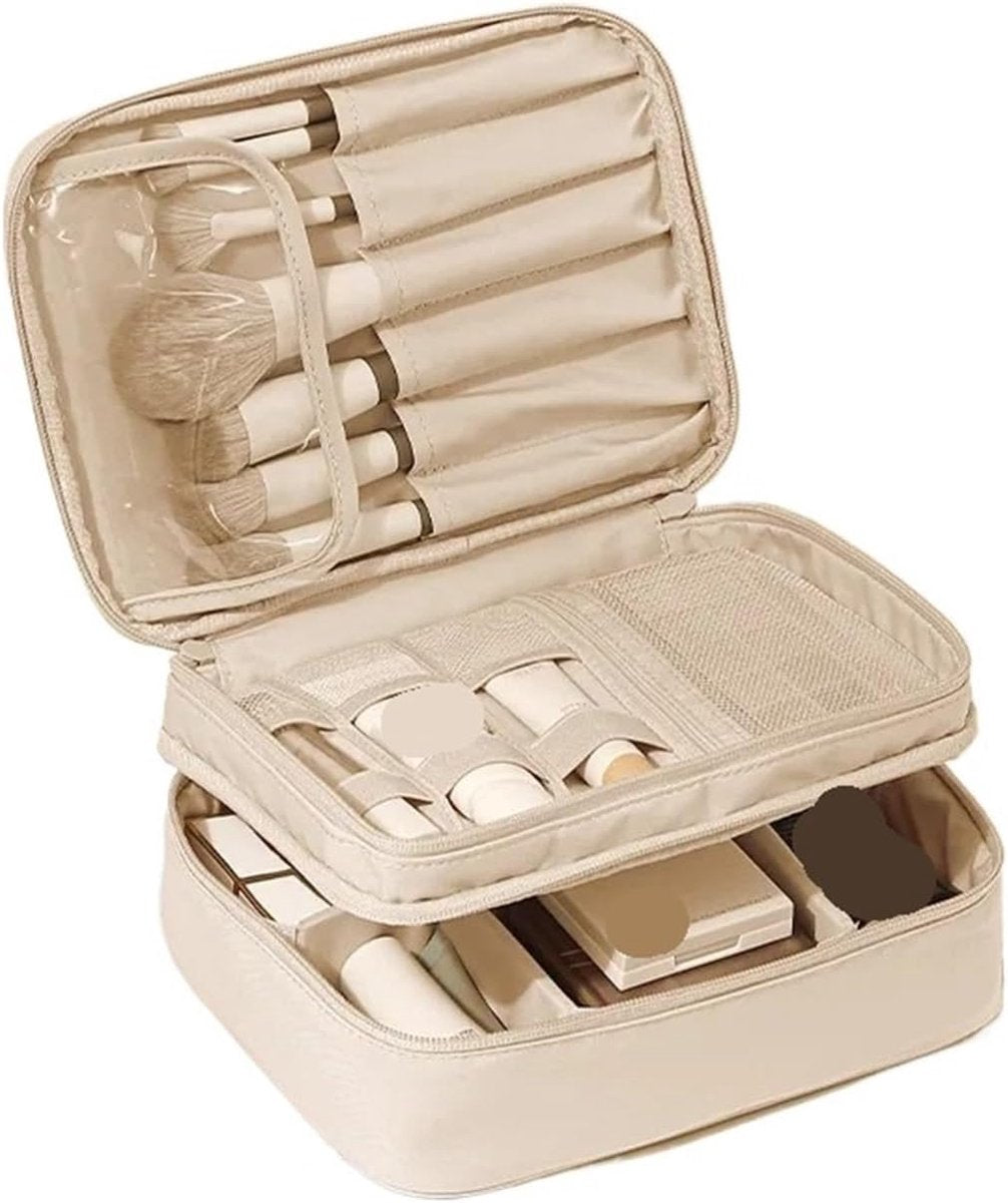 Makeup Bag - Cosmetic Storage Bag - Travel Bag - Large Capacity Makeup Bag - Women's Toiletry Bag - Portable Makeup Bag with Brush Holder and Compartments (Double-Layered Beige)