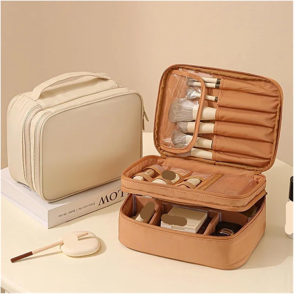 Makeup Bag - Cosmetic Storage Bag - Travel Bag - Large Capacity Makeup Bag - Women's Toiletry Bag - Portable Makeup Bag with Brush Holder and Compartments (Double-Layered Beige)