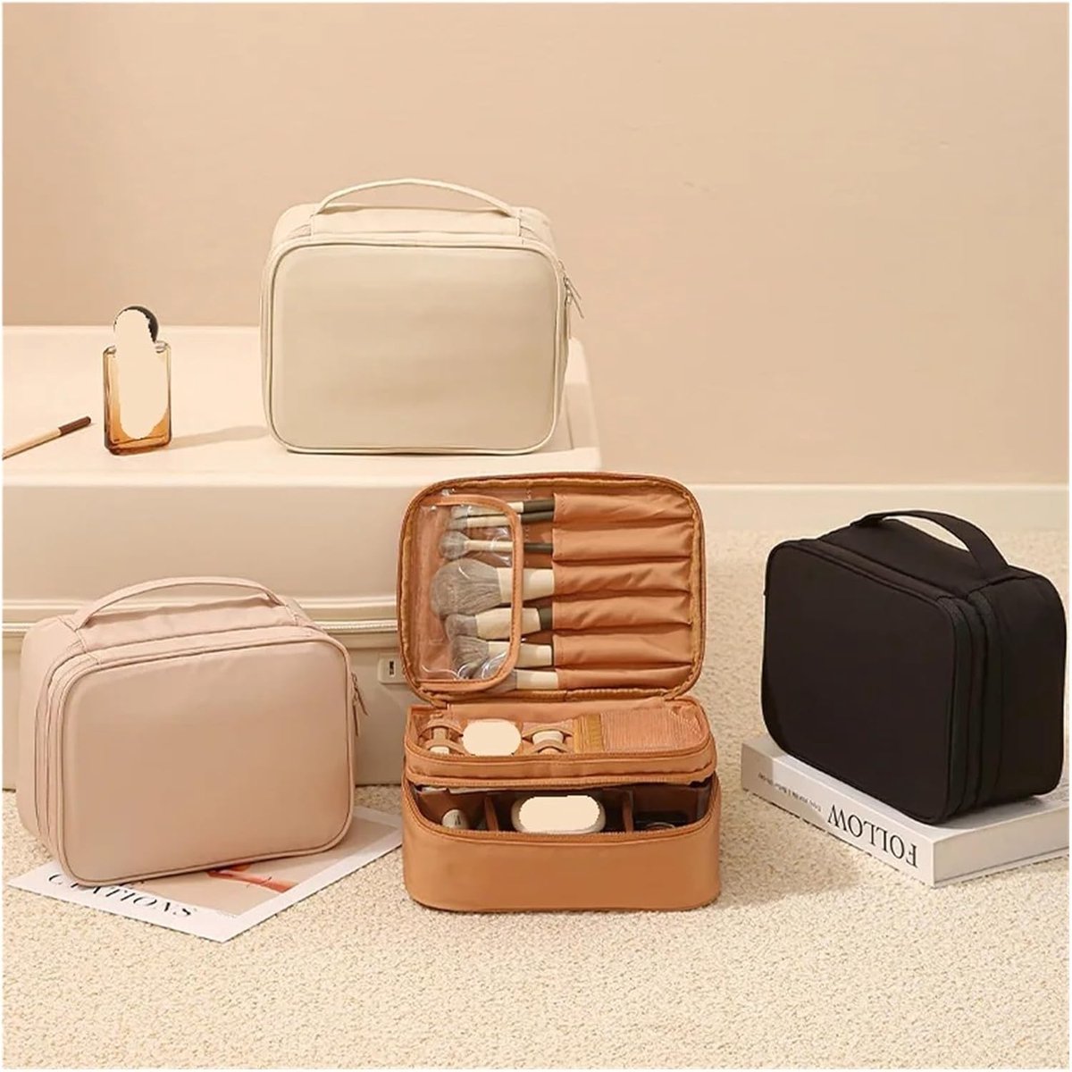 Makeup Bag - Cosmetic Storage Bag - Travel Bag - Large Capacity Makeup Bag - Women's Toiletry Bag - Portable Makeup Bag with Brush Holder and Compartments (Double-Layered Beige)
